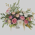 Elegant White Vase With Pink Roses White Dahlias Purple Blooms And Green Leaves