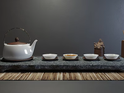Traditional White Tea Set With Teapot Four Cups And Decorative Statue On Gray Background 3d model