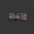Military Tank With Red Black Camouflage Pattern And Multiple Heavy Duty Wheels
