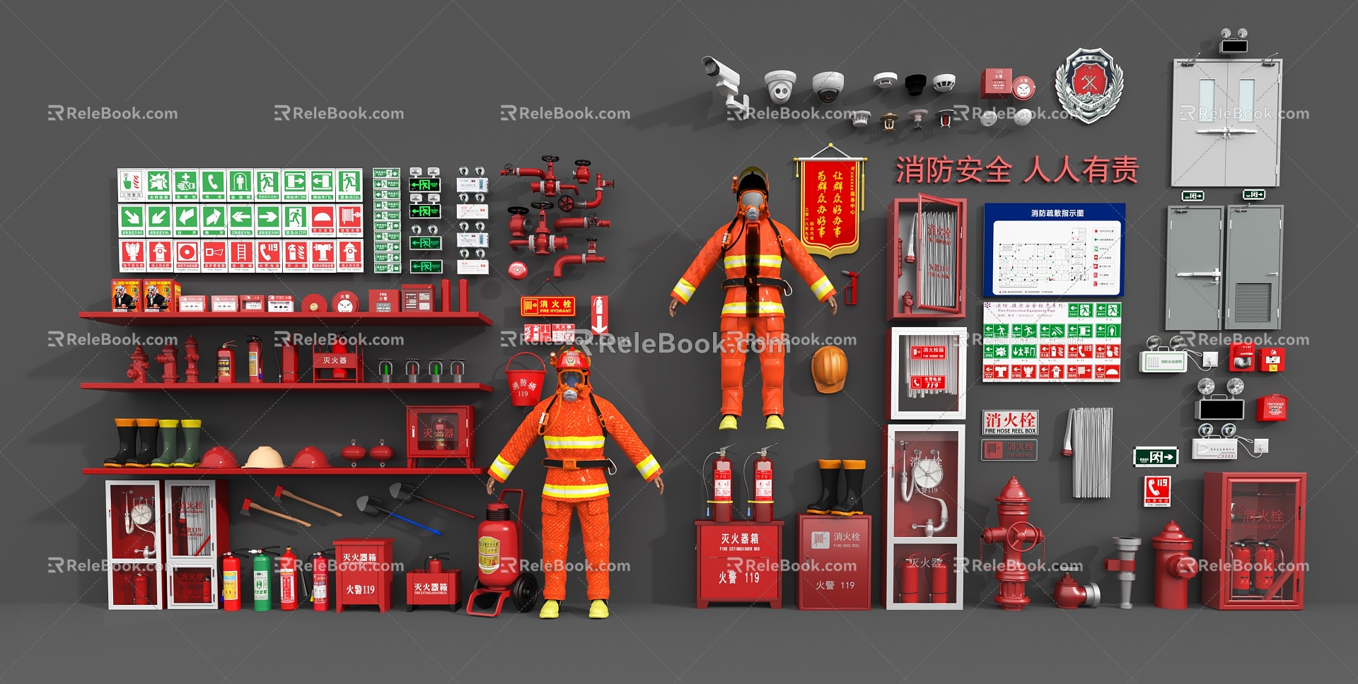 Fire equipment fire hydrant fire shovel emergency light fire scene fire service fire door fire icon 3d model