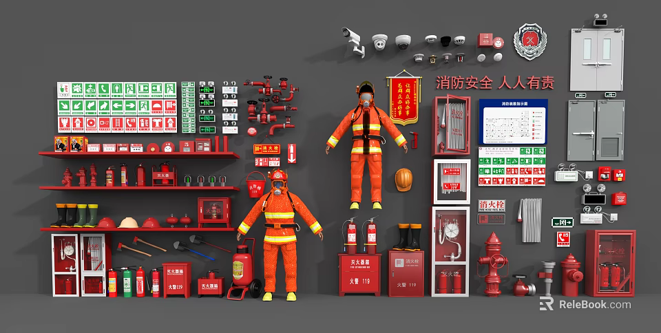 Essential Fire Equipment Including Firefighter Uniforms Extinguishers Hydrants And Safety Signs 3d model 