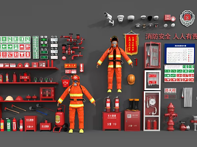 Essential Fire Equipment Including Firefighter Uniforms Extinguishers Hydrants And Safety Signs 3d model