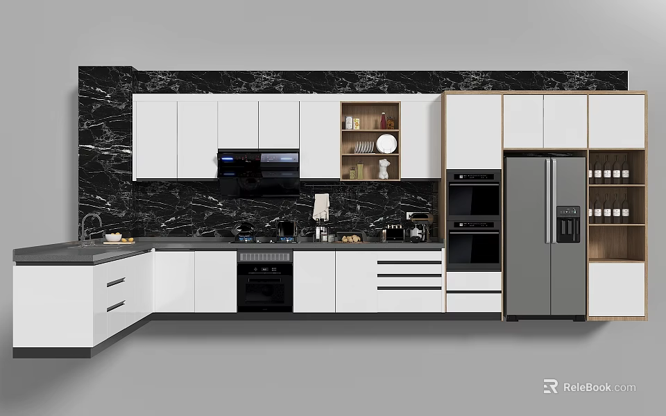 Modern Open Kitchen Interior Design With Island Counter And Appliances 3d model 