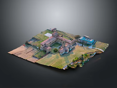 Architectural Model of Manor Estate With Courtyard Green Lawns and Swimming Pool 3d model