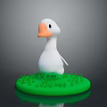 White Cartoon Duck Standing On Green Circular Grass With Orange Beak And Black Eyes