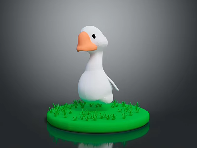 White Cartoon Duck Standing On Green Circular Grass With Orange Beak And Black Eyes 3d model