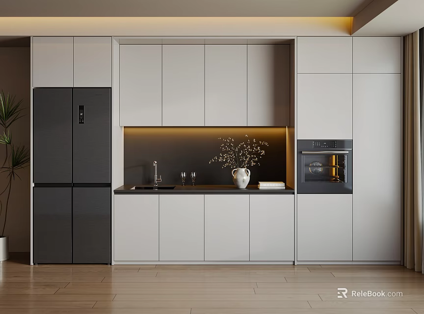 Modern Sideboard Interior With White Cabinets Black Refrigerator Built-in Oven And Countertop Vase 3d model 