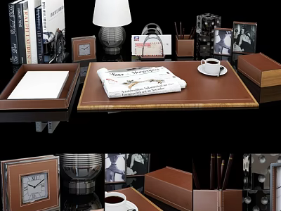 Stylish Decorative Ornament Set With Tray Table Lamp Newspaper Coffee Cup And Photo Frames 3d model
