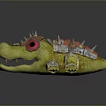 Fantasy Green Crocodile Character With Red Eyes Spiked Head And Metal Armor