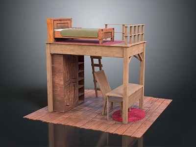 Practical Wooden Loft Bed With Desk Chair And Storage Cabinet Underneath 3d model