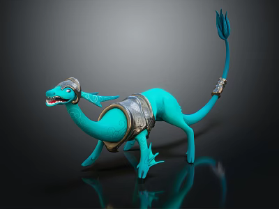 Detailed Turquoise Fantasy Dragon Figurine Wearing Armor Helmet And Finned Tail 3d model