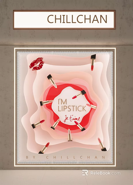Beauty Shop Display Window Featuring Lipstick Products Lip Print And Text Design 3d model 