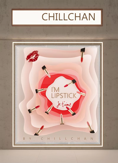 Beauty Shop Display Window Featuring Lipstick Products Lip Print And Text Design 3d model