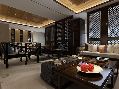 Traditional Chinese Clubhouse Interior Design With Wooden Screens Sofa Seating And Decorative Coffee Table 3d model