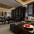 Traditional Chinese Clubhouse Interior Design With Wooden Screens Sofa Seating And Decorative Coffee Table