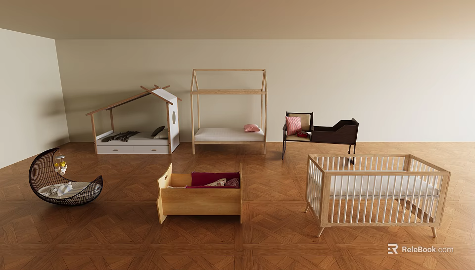 Various Wooden Children's Beds With House Shaped And Simple Designs 3d model 