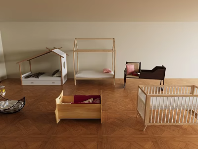 Various Wooden Children's Beds With House Shaped And Simple Designs 3d model