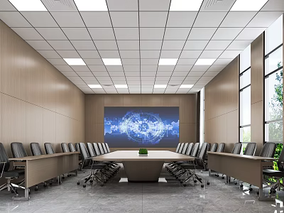 Modern Conference Room With Long Table Black Chairs Large Screen And Wooden Walls 3d model