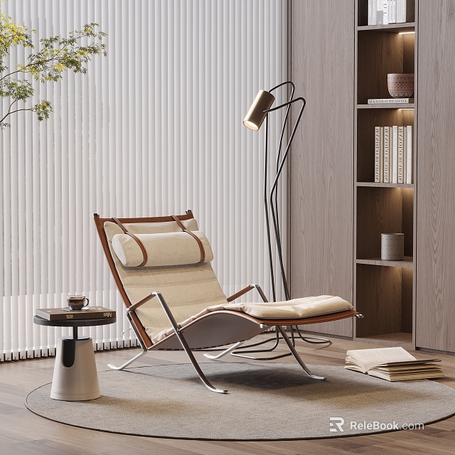 Modern Fabric Lounge Chair With Side Table Floor Lamp And Bookshelf In Living Space 3d model 