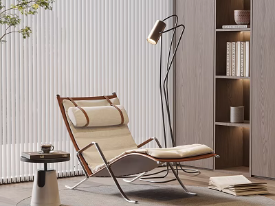 Modern Fabric Lounge Chair With Side Table Floor Lamp And Bookshelf In Living Space 3d model