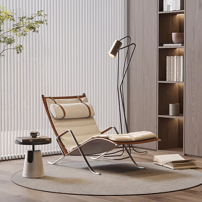 Modern Fabric Lounge Chair With Side Table Floor Lamp And Bookshelf In Living Space 3d model