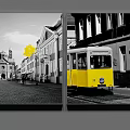 Landscape Painting Featuring Black and White Street with Buildings Church and Yellow Tram