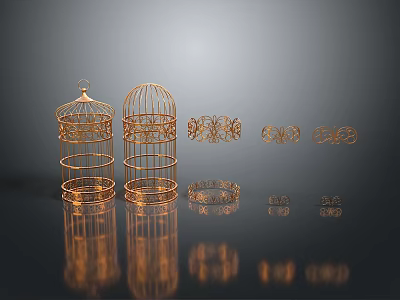 Golden Metal Birdcage Decorative Items With Circular Rings And Reflections On Dark Surface 3d model