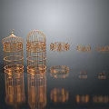 Golden Metal Birdcage Decorative Items With Circular Rings And Reflections On Dark Surface