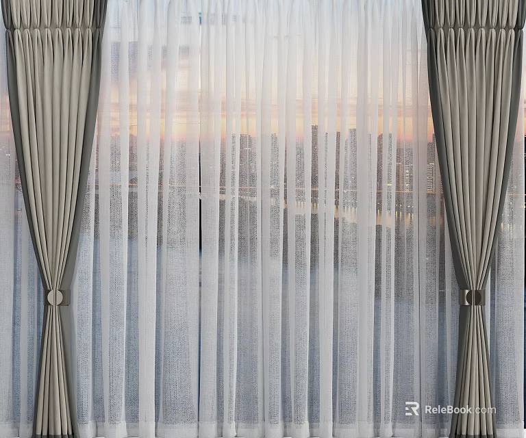 Gray Drapes With White Sheer Curtains For City Skyline Sunset View 3d model 