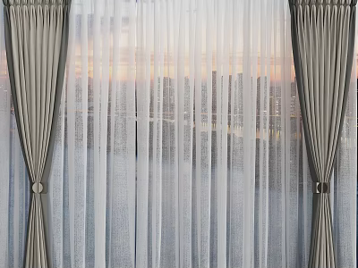 Gray Drapes With White Sheer Curtains For City Skyline Sunset View 3d model