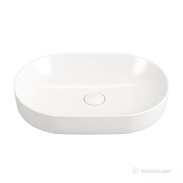 Sleek White Oval Washbasin With Smooth Surface And Circular Drain Design 3d model 