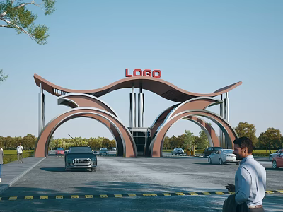 Modern Entrance Gate Featuring Curved Arch Design with LOGO on Top and Passing Cars 3d model