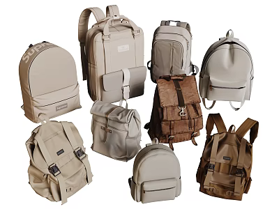 Various Stylish Backpacks In Beige Brown Tones With Multiple Pockets And Designs 3d model