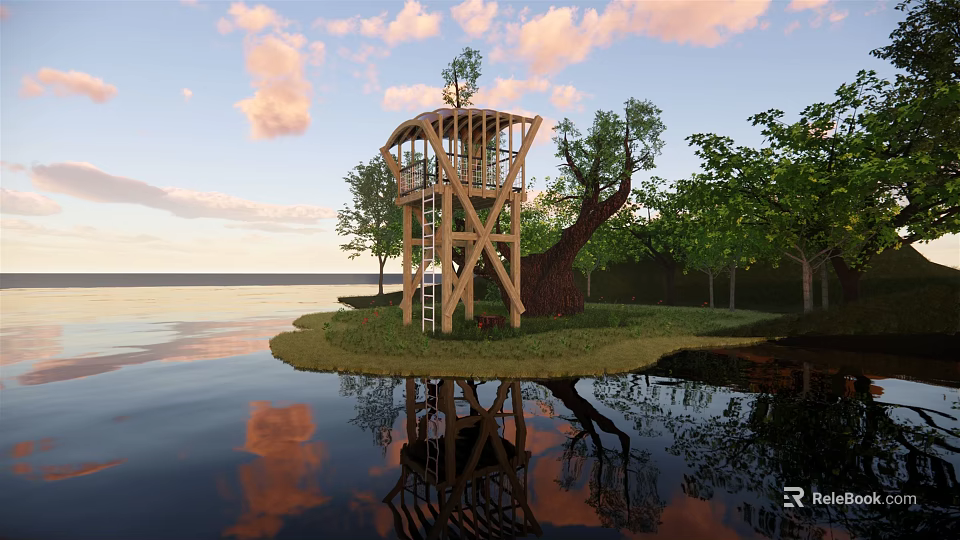 Wooden Observation Tower by the Water with Trees and Reflection in Sunset Sky 3d model 