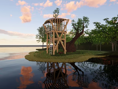 Wooden Observation Tower by the Water with Trees and Reflection in Sunset Sky 3d model