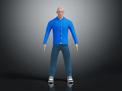 3D Male Character With Bald Head Blue Shirt Blue Pants White Sneakers On Gray Background 3d model