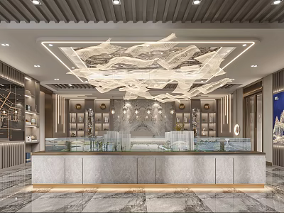 Luxurious Sales Office Interior With Elegant Chandelier Display Counter And Decorative Shelves 3d model
