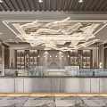 Luxurious Sales Office Interior With Elegant Chandelier Display Counter And Decorative Shelves