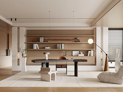 Modern Minimalist Study Room With Built In Shelves Wooden Desk And Floor Lamp 3d model