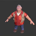 Smiling Male 3D Character With Gray Hair Red Shirt Beige Vest And Open Arms Pose
