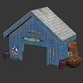 Blue Wooden Residential Building With Gray Roof Arched Door Lifebuoy Small Boat And Red Buoy