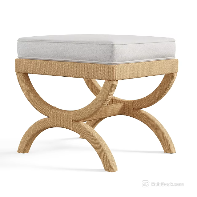 Modern Rattan Ottoman With Light Colored Cushion And Curved Cross Legs 3d model 