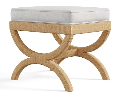 Modern Rattan Ottoman With Light Colored Cushion And Curved Cross Legs 3d model