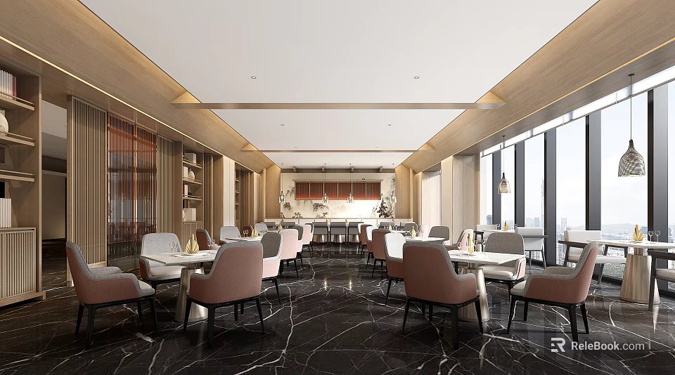 Modern Elegant Restaurant Interior With Black Marble Floor Pink Chairs And White Dining Tables 3d model 