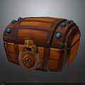 Vintage Wooden Treasure Chest With Red Wood Grain Metal Straps And Blue Gemstones