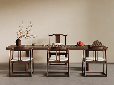 Chinese Wooden Dining Table Set with Matching Chairs Decorative Vase Fruits and Carved Ornament 3d model