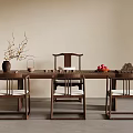Chinese Wooden Dining Table Set with Matching Chairs Decorative Vase Fruits and Carved Ornament