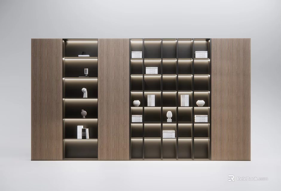 Modern Open Wooden Bookcase With Integrated Lighting And Decorative Shelf Items 3d model 