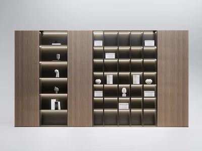 Modern Open Wooden Bookcase With Integrated Lighting And Decorative Shelf Items 3d model
