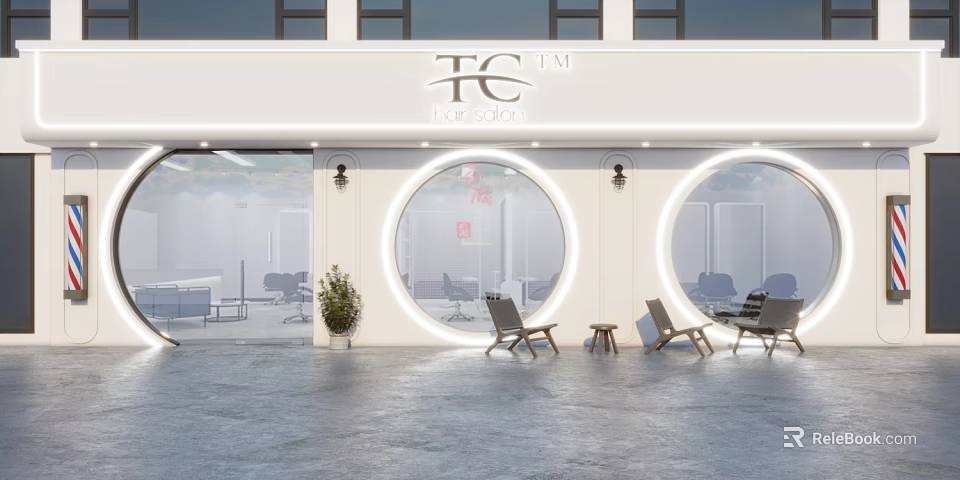 Coffee Shop Storefront With White Wall Circular Windows Neon Light Decor Outdoor Chairs And Stools 3d model 
